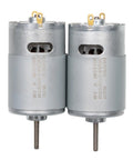 Twin Pack 24V RS555 35000RPM Electric Motors For Power Wheels Upgrade Kit shown with metal housing and gear shafts.