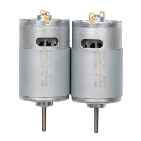 Twin Pack 24V RS555 35000RPM Electric Motors For Power Wheels Upgrade Kit shown with metal housing and gear shafts.