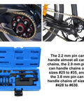 13-Piece Motorcycle Chain Breaker Tool Kit With 3 Anvils, Steel Pins, Riveter, And Carrying Case For Bikes And ATVs shown in use and case