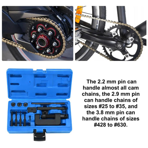 13-Piece Motorcycle Chain Breaker Tool Kit With 3 Anvils, Steel Pins, Riveter, And Carrying Case For Bikes And ATVs shown in use and case