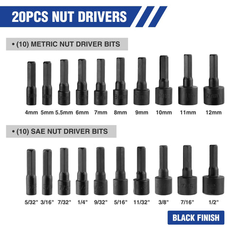 20 metric and SAE nut driver bits from 61 Piece Magnetic Screwdriver Bits And Nut Driver Set With Organizer Bag For Home Improvement DIY Tools Kit