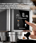 Solid Build 20 Bar Semi Automatic Espresso Machine With Pro Grade Milk Frother Led Display showing brewing time and bar pressure.