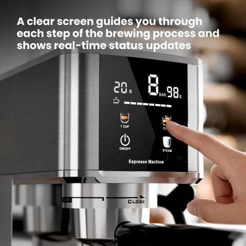 Solid Build 20 Bar Semi Automatic Espresso Machine With Pro Grade Milk Frother Led Display showing brewing time and bar pressure.