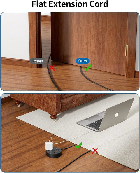 Dope 25 Ft Flat Plug Extension Cord Power Strip With USB, 3 Outlets And 2 USB Ports, fits under doors and desks with ease