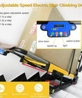 120W Powered Electric Stair Climbing Hand Truck Dolly Cart With 24V Lithium Battery, Heavy Duty Stair Climber For Moving Boxes And Gear, Long Lasting Charge Delivers 3-4 Hours Of Runtime And Up To 6,000 Steps. Control panel on loaded stair climbing dolly with 3 adjustable speeds