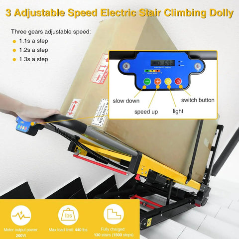 120W Powered Electric Stair Climbing Hand Truck Dolly Cart With 24V Lithium Battery, Heavy Duty Stair Climber For Moving Boxes And Gear, Long Lasting Charge Delivers 3-4 Hours Of Runtime And Up To 6,000 Steps. Control panel on loaded stair climbing dolly with 3 adjustable speeds