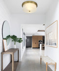 Close To Ceiling 12 Inch Flush Mount Light Fixture In Gold Metal Finish With Handmade White Marble Art Glass Shade In Hallway