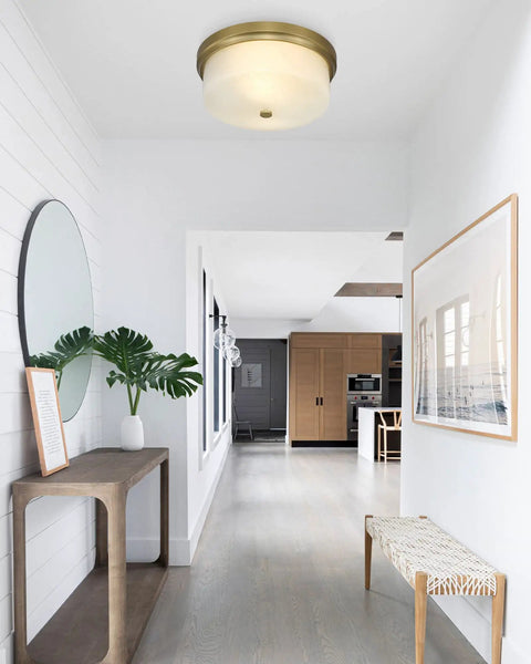 Close To Ceiling 12 Inch Flush Mount Light Fixture In Gold Metal Finish With Handmade White Marble Art Glass Shade In Hallway