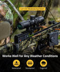 Crossbow Scope 1.5 To 5x32 Magnification With Red Green Illuminated Ballistic Reticle mounted on a camouflaged crossbow in use