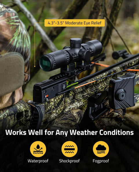 Crossbow Scope 1.5 To 5x32 Magnification With Red Green Illuminated Ballistic Reticle mounted on a camouflaged crossbow in use