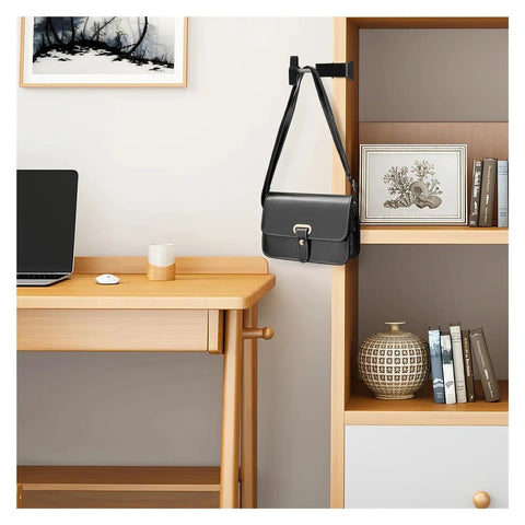 Wooden desk and shelf with 8 Piece Stainless Steel Desk C Clamps Set For Workbenches And Studio Desks, black bag hanging