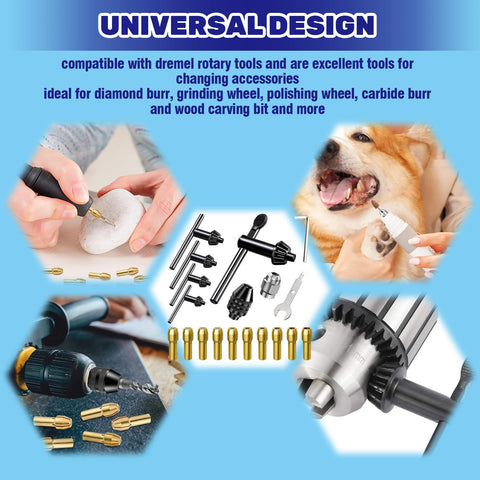 20 Piece Drill Chuck Key Wrench Set With Brass Chuck Collet Kit For Rotary Tools Includes Three Quarter Inch Five Eighths Inch Half Inch And Quarter Inch Wrenches Plus Keyless Chuck Nuts And Four In One Steel Drill Chuck Key