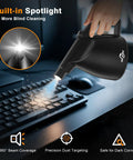 High Power Electric Air Duster cleaning keyboard with built-in spotlight 110000 RPM blower that replaces canned air jet black