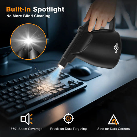 High Power Electric Air Duster cleaning keyboard with built-in spotlight 110000 RPM blower that replaces canned air jet black