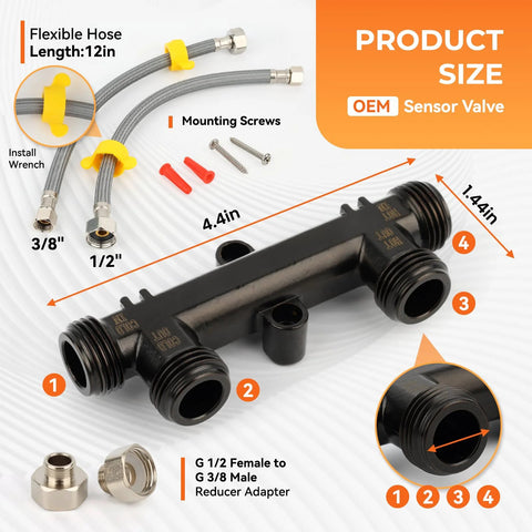 Brass sensor valve with black coating for hot-water recirculation; includes 2x 12-inch hoses and 2x 1/2–3/8 in fittings