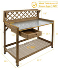 Garden Potting Bench With Metal Tabletop And Drawer Outdoor Potting Table Workstation With Storage and Lattice Back