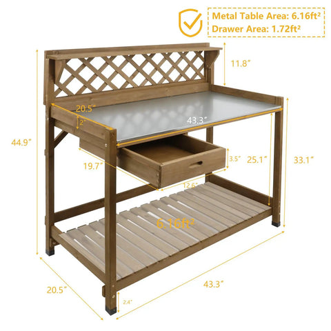 Garden Potting Bench With Metal Tabletop And Drawer Outdoor Potting Table Workstation With Storage and Lattice Back