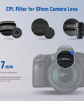 Diagram showcasing 67mm Circular Polarizing Filter with 30 Layer Nano Coatings on camera lens.
