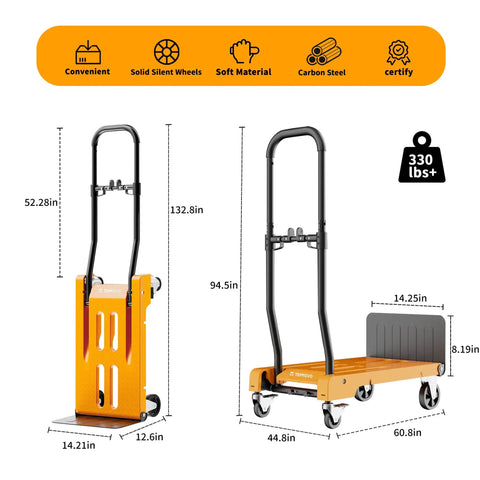 Folding Hand Truck Dolly And Platform Cart For Heavy Loads Up To 330 Lbs With Telescoping Handle And 2 Level Adjustable Height From 28.98 To 37.08 Inches, Easy Fold Flat Storage For Moving Boxes Cans And Gear, carbon steel