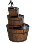 Rustic Wood Barrel 3 Tier Outdoor Water Fountain With Electric Hand Pump Cascading Waterfall For Garden Backyard Patio