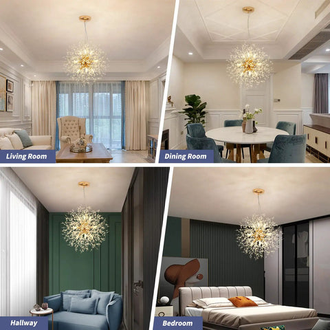 Gold Dandelion Sputnik 9 Light Crystal Chandelier Ceiling Fixture Dope Modern Firework Pendant Light in various rooms.