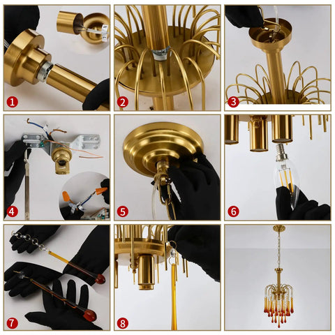 Gold Crystal Pendant Light Fixture For Dining Room And Kitchen Island assembly steps with brass details and K9 crystal drops.