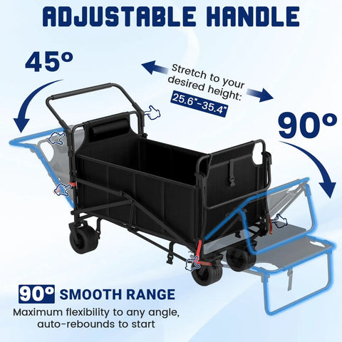 Heavy Duty Folding Wagon 2-In-1 Collapsible Cart For All Terrain showing adjustable handle and conversion to beach chair.