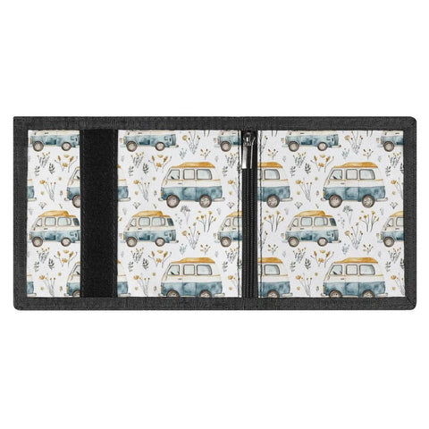Interior view of Trifold Wallet With ID Window And Card Holder Zipper Closure Lightweight Polyester Travel Ready, displaying car print.