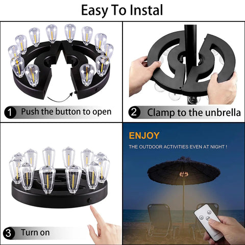 Outdoor Patio Umbrella Lights Battery Operated With Dimmable Timer And 12 Warm White LED Bulbs In 3 Brightness Modes setup