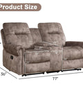 Dual Manual Recliner Loveseat Sofa With Center Console And Hidden Storage, Cup Holders, Vintage Rivet Mid Century Design, Cozy Brown Finish