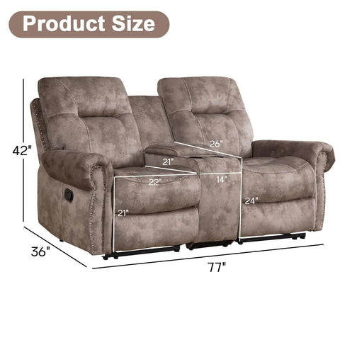 Dual Manual Recliner Loveseat Sofa With Center Console And Hidden Storage, Cup Holders, Vintage Rivet Mid Century Design, Cozy Brown Finish