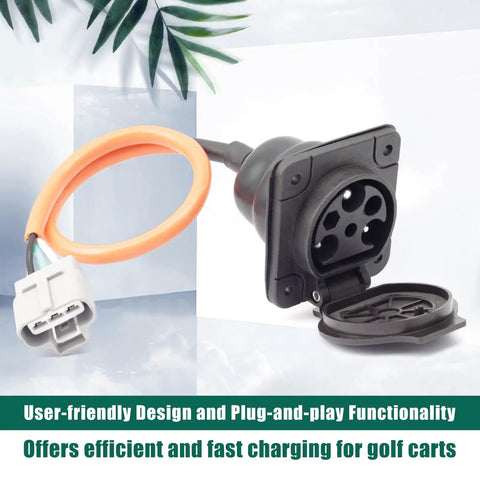 Top Tier Electric Golf Cart Charger Receptacle Head Replacement For Evolution Powersports Advanced Ev And Aeric Provides Dead Simple Plug And Play Upgrades With Hella Fast 3 Pin 30 Amp 110V 220V Port close-up of 3 pin black charging socket with orange wire.