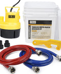 Tankless Water Heater Flushing Kit With One Quarter Horsepower Submersible Sump Pump Two Adapters Three Gallon Pail With Lid Opener And Two One Half Inch Six Foot PVC Hoses With Washers