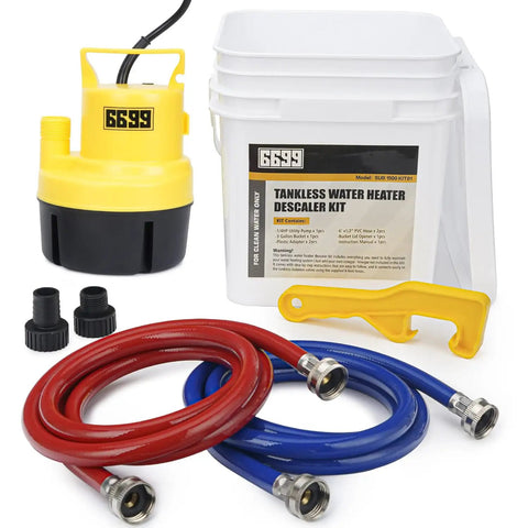 Tankless Water Heater Flushing Kit With One Quarter Horsepower Submersible Sump Pump Two Adapters Three Gallon Pail With Lid Opener And Two One Half Inch Six Foot PVC Hoses With Washers