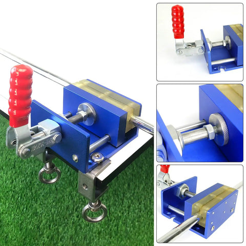 No Fuss Drill Free Golf Club Vise With Heavy Duty Aluminum Shaft Clamp, close-up view on workbench for grip swaps.