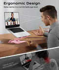 Man using an Adjustable Laptop Stand For Desk With Metal Foldable Riser Portable Ventilated Cooling Mount For 10 To 16 Inch Laptops Pink