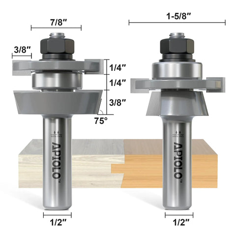 Two Piece Shaker Rail And Stile Router Bit Set For Pro Grade Woodworkers, 1/2 Inch Shank, showing detailed bit measurements