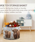 Cow Print Cotton Rope Storage Basket Large Collapsible Grab-And-Go Organizer filled with toys in a children's room.