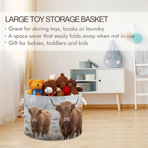 Cow Print Cotton Rope Storage Basket Large Collapsible Grab-And-Go Organizer filled with toys in a children's room.