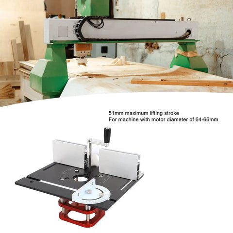 Solid Manual Router Table Lifting System Featuring Hella Precise Height Adjustment With 51mm Stroke And Universal Insert Plate For 64 To 66mm Router Motors; aluminum base with adjustment features.