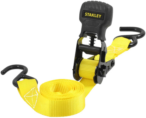 One Inch X Twelve Foot Ratchet Straps Four Pack Featuring Ergonomic Padded Grips And Heavy Duty Black Steel Clamps To Hold Things Lock Tight And Secure Gear With Zero Sweat, yellow strap with black clamps