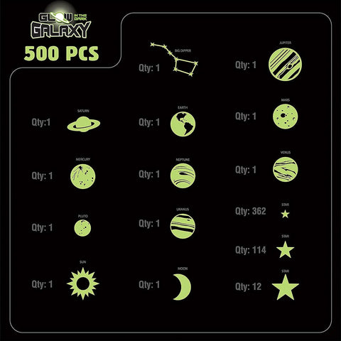 Glow in the dark stars set with Sun, Moon, Earth, planets, Big Dipper, 500 pieces for kids room fun. Includes lifetime glow guarantee.
