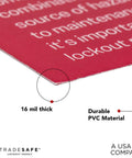 Lockout Tagout Poster For Industrial Workplaces Quick Reference Guide 18 By 24 Inches Heavy-Duty Tear-Resistant Waterproof PVC Vinyl Bold Colors That Make LOTO Safety Info Stand Out And Easy To Read close-up showing text and material thickness