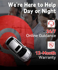 Customer service team providing 24/7 online guidance with 12-month warranty highlighted.