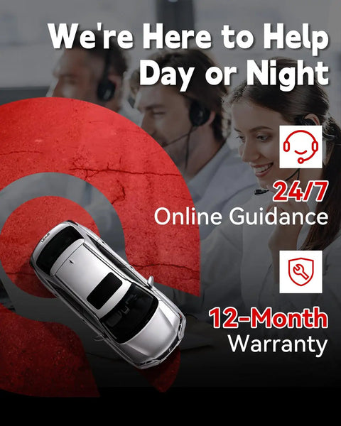 Customer service team providing 24/7 online guidance with 12-month warranty highlighted.