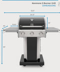 Front view of Three Burner Propane Gas Grill With 30000 BTUs Cast Iron Grates 512 Square Inches Of Total Cooking Surface Including 381 Primary And 131 Warming Rack Folding Side Tables Wheels And Tool Hooks Outdoor Black showing dimensions.