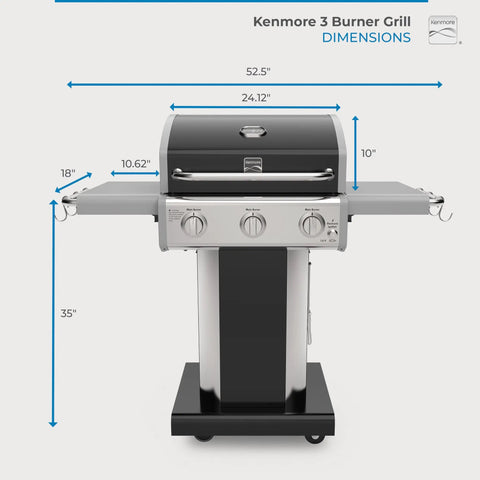 Front view of Three Burner Propane Gas Grill With 30000 BTUs Cast Iron Grates 512 Square Inches Of Total Cooking Surface Including 381 Primary And 131 Warming Rack Folding Side Tables Wheels And Tool Hooks Outdoor Black showing dimensions.