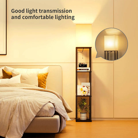 Space Saving Floor Lamp With Shelves, Modern Corner Shelf Lamp With 3 Color Temperature LED, Black Standing Lamp Next to Bed