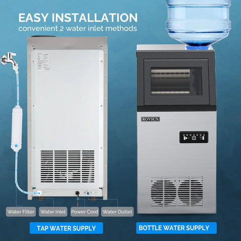 Back and front view of Heavy Duty Ice Maker Machine 110 Lbs Per Day Freestanding Commercial Ice Maker with dual water inlets.