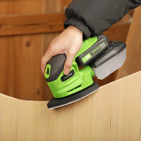 Badass 20V Cordless Detail Sander With 2 Amp Hour Battery And Twenty Sanding Discs For Smooth Wood Finishing And Zero Hassle Metal Polishing Delivering Killer 12000 RPM Power For Quick Home Projects in use on wood.